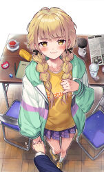  1girl absurdres blonde_hair blush braid breasts commentary_request fujita_kotone gakuen_idolmaster green_jacket highres holding_hands idolmaster jacket long_hair long_sleeves looking_at_viewer mitsurugi_sugar shirt skirt small_breasts smile solo_focus twin_braids yellow_eyes yellow_shirt 