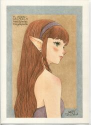  1girl bare_shoulders blush border braid braided_sidelock brown_hair character_name closed_mouth colored_pencil_(medium) commentary_request dated dr._fabre_(shin_iroenpitsu) earrings green_eyes hairband highres jewelry long_hair original pointy_ears profile purple_hairband purple_shirt shin_iroenpitsu shirt signature solo strapless strapless_shirt stud_earrings traditional_media upper_body white_border 