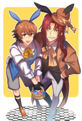  2boys :d animal_ear_hairband animal_ears ao_no_kiseki basket black_gloves black_socks bow brown_coat brown_eyes brown_necktie brown_shoes coat commentary_request curtained_hair double-parted_bangs easter_egg egg eiyuu_densetsu fake_animal_ears fake_tail full_body gloves green_eyes grey_shorts grin hair_between_eyes hairband half_gloves hand_on_own_hip hat hat_bow hat_ribbon highres holding holding_basket lloyd_bannings loafers long_hair long_sidelocks long_sleeves looking_at_viewer low-tied_sidelocks male_focus mini_hat mini_top_hat multiple_boys neckerchief necktie open_mouth parted_bangs parted_lips ponytail rabbit_ear_hairband rabbit_ears randolph_orlando ribbon rinngo6363 shoes short_hair shorts sidelocks smile socks tail tailcoat top_hat yellow_neckerchief yellow_ribbon zero_no_kiseki 