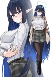  1girl absurdres black_hair blue_archive blue_eyeliner blue_hair blue_halo boots breasts colored_inner_hair crossed_arms eyeliner glasses halo highres large_breasts long_hair looking_at_viewer makeup multicolored_hair multiple_views plaid_clothes plaid_skirt pointy_ears ragnaveldt rimless_eyewear rin_(blue_archive) rin_(casual)_(blue_archive) skirt solo sweater turtleneck turtleneck_sweater white_background white_sweater 