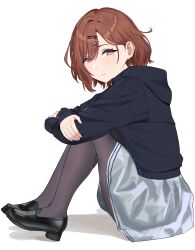  1girl absurdres black_hoodie black_pantyhose black_shoes brown_hair etsutsuni grey_skirt hair_ornament hairclip highres higuchi_madoka hood hood_down hoodie idolmaster idolmaster_shiny_colors loafers long_sleeves mole mole_under_eye pantyhose shoes short_hair simple_background sitting skirt solo swept_bangs violet_eyes white_background 