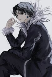  1boy black_coat black_eyes black_hair chrollo_lucilfer coat cross_tattoo earrings facial_mark facial_tattoo forehead_mark forehead_tattoo frilled_coat frills highres hunter_x_hunter jewelry long_sleeves looking_at_viewer male_focus short_hair simple_background solo tattoo white_background xotnmsffsb 