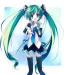  aqua_eyes aqua_hair bad_id collaboration detached_sleeves hands hatsune_miku headset highres long_hair lucie necktie outstretched_arm outstretched_hand reaching skirt solo thigh-highs thighhighs twintails very_long_hair vocaloid yudesoba zettai_ryouiki 
