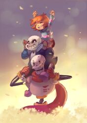  1other 2016 2boys 2d absurdres ambiguous_gender ankle_boots armor arms_up black_shorts blue_jacket blue_shorts blue_sweater boots brothers brown_background brown_boots brown_hair cape carrying carrying_person child commentary digital_media double_horizontal_stripe english_commentary flower frisk_(undertale) gloves gradient_background grey_hood height_difference highres hollow_eyes hood hood_down hooded_jacket horizontal-striped_clothes human humanoid jacket kerstin_edin long_scarf long_sleeves male monster monster_boy multiple_boys open_clothes open_jacket papyrus_(undertale) pink_slippers pink_stripes red_cape red_gloves red_scarf sans_(undertale) scarf shirt short_hair shorts shoulder_carry siblings single_vertical_stripe sitting sitting_on_person skeleton slippers socks stacking standing striped_clothes striped_shorts striped_sweater sweater teeth trio two-tone_sweater undead undertale upper_body utdr_(toby_fox) vertical-striped_clothes vertical-striped_shorts white_armor white_shirt white_socks white_stripes yellow_flower 