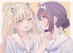  2girls absurdres ahoge black_hair blonde_hair blue_neckerchief border bracelet brown_eyes cho_kaguya-hime! commentary double_finger_heart finger_heart green_eyes highres jewelry kaguya_(cho_kaguya-hime!) kousaka_0v0 long_hair mole mole_under_eye multiple_girls nape neckerchief one_eye_closed open_mouth outline outside_border sailor_collar sakayori_iroha school_uniform serafuku shirt sidelocks small_sweatdrop upper_body white_border white_outline white_sailor_collar white_shirt 