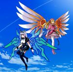  2girls arm_cannon black_legwear blonde_hair blue_eyes boots cave_(developer) dodonpachi dodonpachi_daioujou dodonpachi_saidaioujou energy_wings espgaluda flying garter_straps highres lavender_hair long_hair maria_(saidaioujou) mechanical_wings multiple_girls shotia sky thigh-highs thigh_boots weapon white_legwear wings 