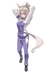  1girl absurdres animal_ears arms_behind_head arms_up black_shoes blue_eyes commentary_request diamond_hairband full_body grey_hair grey_tail highres horse_ears horse_girl horse_tail jacket kasamatsu_tracen_training_uniform long_hair looking_at_viewer mouth_hold multicolored_hair multicolored_jacket oguri_cap_(umamusume) pants ponytail purple_jacket purple_pants purple_track_suit shoes simple_background solo standing streaked_hair tail track_jacket track_pants track_suit two-tone_jacket ukinon umamusume umamusume:_cinderella_gray white_background white_streaks 