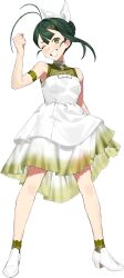  1girl antenna_hair blunt_bangs clenched_hand dress full_body green_eyes green_hair green_socks grin hair_bun hair_ribbon kantai_collection layered_dress long_hair official_alternate_hairstyle official_art ribbon shirt shoes sleeveless sleeveless_dress smile smug socks solo sugi_(kancolle) sugi_kai_(anniversary)_(kancolle) transparent_background umihara_sakana white_dress white_shoes 