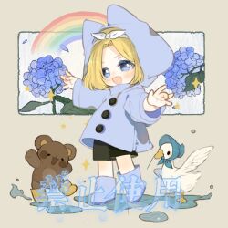  1girl bird black_shorts blonde_hair blue_eyes blue_raincoat boots cccharlie classicaloid commentary_request duck flower full_body hood hood_up hydrangea long_sleeves open_mouth puddle pyotr_illyich_tchaikovsky_(classicaloid) rainbow raincoat ribbon rubber_boots shorts solo stuffed_animal stuffed_toy teddy_bear translation_request white_ribbon 