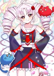  >:) 1girl ahoge bare_shoulders black_shirt black_skirt black_sleeves brown_eyes button_eyes buttons closed_mouth collarbone commentary_request detached_sleeves drill_hair fang fang_out grey_hair hands_on_own_hips highres kou_hiyoyo long_sleeves looking_at_viewer sailor_collar shirt skirt sleeves_past_wrists smile standing synthesizer_v tsuina-chan tsuina-chan_(sv) twin_drills twintails v-shaped_eyebrows voiceroid white_sailor_collar wide_sleeves x_mouth 