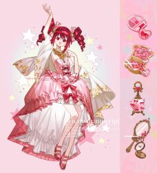  1girl absurdres arm_up artist_request bare_arms bare_legs bare_shoulders bottle bow bow_button commission compact_(cosmetics) cosmetics dot_nose dress dress_bow drill_hair eyelashes fine_(futagohime) formal_clothes frilled_dress frills full_body fushigiboshi_no_futago_hime gold_necklace hair_between_eyes hair_bow hair_ornament hand_mirror hand_on_own_shoulder happy high_heels highres jewelry long_dress looking_at_viewer makeup mirror necklace no_socks open_mouth perfume_bottle pink_background pink_bow pink_dress pink_theme pumps red_bow red_eyes red_hair red_shoes rouge_(makeup) sample_watermark second-party_source shawl shoes short_hair sidelocks smile solo standing star_(symbol) star_hair_ornament tareme train_(clothing) twin_drills twintails watermark white_shawl 