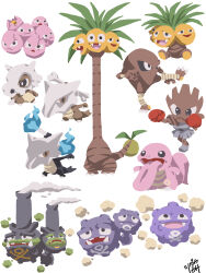  absurdres alolan_exeggutor alolan_marowak black_eyes blue_fire bone bright_pupils brown_eyes chibi chibi_only closed_mouth commentary_request crack cubone exeggcute exeggutor fangs fire full_body galarian_weezing gas highres hitmonchan hitmonlee holding holding_bone kicking koffing lickitung long_neck long_tongue marowak multiple_heads open_mouth pokemon pokemon_(creature) pokemon_focus regional_and_normal signature simple_background sitting skull_and_crossbones smile steam t_tsudaka teeth tongue tongue_out very_long_tongue weezing white_background white_pupils 