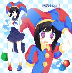 1girl 2000s_(style) @_@ alternate_costume alternate_eye_color alternate_hair_color animification arms_behind_back bag black_eyes black_hair blue_bag blue_gloves blue_sailor_collar blue_skirt blush_stickers bonnybel character_name checkered_background closed_mouth commentary dizzy dot_mouth full_body gloves hand_on_own_head hand_up hat highres jelly_(bonnybel) jester jester_cap looking_at_viewer miniskirt multicolored_eyes multicolored_neckerchief multicolored_shoes multiple_views neckerchief no_nose official_alternate_costume open_mouth orange_socks pleated_skirt pomni_(the_amazing_digital_circus) sailor_collar school_bag school_uniform serafuku shirt short_sleeves sidelocks skirt socks solo squiggle_eyes standing the_amazing_digital_circus twitter_username two-tone_eyes two-tone_hat upper_body white_shirt yellow_trim