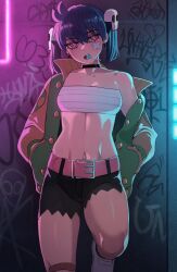  1girl bandaid bandaid_on_cheek bandaid_on_face bandaid_on_knee bandaid_on_leg belt black_choker blue_hair breasts bright_pupils candy chest_sarashi choker crossed_bandaids earrings food foot_against_wall graffiti green_jacket hair_between_eyes hair_ornament hands_in_pockets highres jacket jewelry ji-yoon_(jourd4n) jourd4n lollipop looking_at_viewer navel open_mouth original pink_belt pink_eyes sarashi shorts skull_hair_ornament small_breasts solo teeth twintails upper_teeth_only white_pupils 