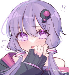  !? 1girl :d @_@ absurdres bare_shoulders black_jacket blush blush_visible_through_hair commentary_request dot_nose eyes_visible_through_hair hair_between_eyes hair_ornament hand_up highres hood hood_down hooded_jacket inverted_eyelashes jacket long_sleeves looking_at_viewer open_mouth pale_skin pink_hood portrait puffy_long_sleeves puffy_sleeves purple_hair purple_shirt shirt short_hair_with_long_locks sidelocks simple_background sleeves_past_wrists smile solo straight-on strapless strapless_shirt sweatdrop swept_bangs tareme tsukizuumi twitter_username v-shaped_eyebrows violet_eyes vocaloid voiceroid wavy_mouth yuzuki_yukari 