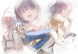  4girls aoi_erika black_hair blue_jacket bouquet braid brown_hair chinese_commentary closed_eyes commentary_request dressing flower glasses hair_ornament hair_tie hairpin heaven_burns_red highres holding holding_bouquet jacket kayamori_hinata kayamori_ruka kr_woyue kura_satomi long_hair mother_and_child mother_and_daughter multiple_girls necktie open_mouth parent_and_child pink_hair red_eyes red_necktie shirt short_hair sunflower white_shirt 