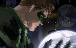 1boy armor black_armor black_bodysuit bodysuit brown_hair cape chamsut0905 dc_comics domino_mask eye_mask green_bodysuit green_cape green_lantern_(series) grey_bodysuit hal_jordan highres large_pectorals male_focus mask multicolored_bodysuit muscular muscular_male parallax_(dc) pectorals short_hair solo superhero_costume two-tone_bodysuit 