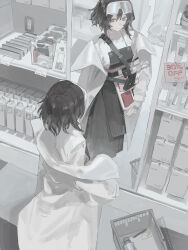  1girl absurdres apron arknights ay4_la black_apron brown_eyes brown_hair coat commentary_request cosmetics electrical_outlet feet_out_of_frame full-length_mirror goggles goggles_on_head highres holding_makeup_palette lab_coat light_smile long_sleeves looking_at_another lotion makeup makeup_brush makeup_palette mirror muted_color off_shoulder reflection roberta_(arknights) shirt shopping_basket short_hair smile solo white_coat white_shirt 