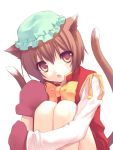  brown_hair cat_ears cat_tail chen fang hat highres leg_hug mittens multiple_tails nana_mikoto short_hair sitting solo tail touhou yellow_eyes 