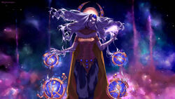  1girl baggy_pants black_pants blue_clouds blue_gem cape colored_sclera commentary cowboy_shot crazy_grin energy english_commentary floating gem giant glowing glowing_eyes glowing_veins gold_corset green_clouds halo halo_behind_head levitation long_hair looking_at_hand nebula open_hand orrery pale_skin pants path_of_exile pink_clouds purple_sclera sky solo soshkauwu space star_(sky) starry_sky the_maven web_address white_eyes white_hair yellow_cape 