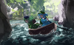  2girls backpack bag blue_eyes blue_hair blue_shirt blue_skirt boat commentary day green_bag green_eyes green_hat green_shirt green_skirt hair_bobbles hair_ornament hat highres holding holding_oar jewelry kawashiro_nitori key key_necklace long_sleeves multiple_girls necklace oar on_boat open_mouth outdoors river shirt skirt touhou two_side_up ushitsuchi watercraft yamashiro_takane 
