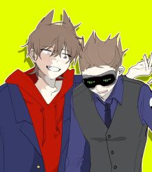  2boys animification annoyed arm_around_shoulder bad_id bad_twitter_id black_necktie black_vest blue_coat blue_shirt brown_hair burn_scar coat collared_shirt commentary drawstring eddsworld eye_contact flipped_hair future_tom_(eddsworld) grey_eyes grin hair_ears head-mounted_display heterochromia highres hood hood_down hoodie kupot lcd long_sleeves looking_at_another male_focus military_coat multiple_boys necktie open_clothes open_coat open_mouth red_hoodie red_leader_(eddsworld) scar shirt short_hair simple_background smile spiky_hair tom_(eddsworld) tord_(eddsworld) upper_body vest white_eyes yellow_background 