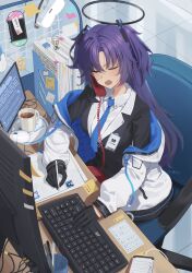  1girl absurdres artist_name aya_san black_gloves black_halo blue_archive blue_necktie cable chair closed_eyes coffee coffee_mug commentary_request computer computer_keyboard computer_mouse corded_phone cup dress_shirt folder formal_clothes from_above gloves hair_ornament half_gloves halo handheld_game_console head-mounted_display highres holding holding_pen id_card jacket jacket_partially_removed lanyard mechanical_halo millennium_science_school_logo monitor mug necktie note office office_chair office_lady open_mouth papers pen phone photo_(object) purple_hair seminar_(blue_archive) shirt signature skirt skirt_suit solo suit suit_jacket swivel_chair table talking_on_phone triangle_hair_ornament two-sided_fabric two-sided_jacket writing yuuka_(blue_archive) 