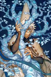  1boy artist_name blue_background blue_eyes branch cape cloak closed_mouth dated glasses glowing hat highres holding leaf long_sleeves looking_at_viewer male_focus qifrey_(tongari_boushi_no_atelier) robe round_eyewear short_hair simple_background solo tongari_boushi_no_atelier upper_body white_hair witch_hat wizard_hat yuumei 