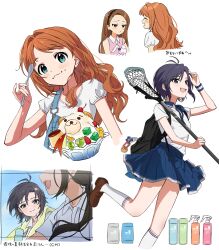  4girls :3 absurdres antenna_hair aqua_eyes backpack bag bag_charm black_bag black_eyes black_hair blue_skirt bottle brown_hair brown_shoes charm_(object) collared_shirt food food_on_face hair_down hand_up highres holding holding_spoon ice_cream idolmaster idolmaster_(classic) kikuchi_makoto lacrosse_stick leg_up long_hair looking_at_viewer minase_iori miniskirt multiple_girls multiple_views open_mouth orange_hair parfait polo_shirt ryuuboku_(stapler2355) shirt shoes short_hair short_sleeves simple_background skirt smile socks spoon spray_bottle standing standing_on_one_leg stuffed_animal stuffed_rabbit stuffed_toy sweatband takatsuki_yayoi translation_request usa-chan_(idolmaster) white_background white_shirt white_socks wristband 