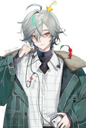  1boy animal_on_head animal_on_shoulder black_shirt blue_pupils collared_shirt earphones freckles green_jacket grey_hair grid_print highres holding holding_phone jacket male_focus mole mole_under_eye nijisanji on_head phone pikmin_(creature) pikmin_(series) rayon_(nijisanji) red_eyes red_pikmin shirt short_hair simple_background sleeves_past_wrists solo twitter_username unagi_to_kame virtual_youtuber watermark white_background white_pikmin white_shirt yellow_pikmin 