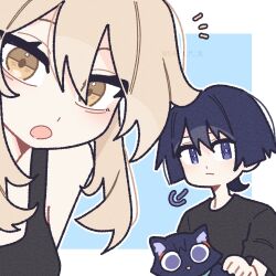  1boy 1girl alternate_costume animalization artist_name black_cat black_hair black_shirt black_tank_top blonde_hair blue_background blunt_ends border casual cat choppy_bangs closed_mouth commentary contemporary crew_neck eyelashes genshin_impact highres looking_at_viewer lumine_(genshin_impact) notice_lines open_mouth puff_of_air purple_pupils remhotaru scaramouche_(cat)_(genshin_impact) scaramouche_(genshin_impact) shirt short_hair short_hair_with_long_locks sidelocks single_bare_shoulder t-shirt tank_top violet_eyes white_border yellow_eyes 