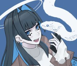  1girl black_hair blue_background blue_eyes blue_hair blunt_bangs brown_coat coat colored_inner_hair commentary ear_piercing fangs hair_intakes halo highres hololive hololive_english long_hair long_sleeves looking_at_viewer multicolored_hair open_mouth ouro_kronii ouro_kronii_(casual) piercing portrait shirt signature simple_background smile snake_print solo trench_coat turtleneck turtleneck_shirt virtual_youtuber white_shirt yodayo321 