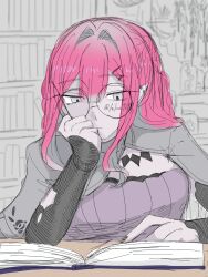  1girl absurdres baobhan_sith_(fate) baobhan_sith_(swimsuit_pretender)_(first_ascension)_(fate) book bookshelf breasts commentary_request dress fate/grand_order fate_(series) fuka9696 glasses grey_eyes highres large_breasts long_hair open_book red_hair solo twitter_username 