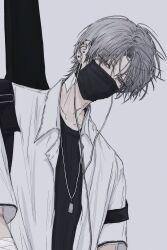  1boy bandaged_arm bandages bandaid bandaid_on_neck black_shirt dog_tags ear_piercing grey_eyes grey_hair guitar_case head_tilt headphones highres instrument_case jacket mask mole mole_under_eye mouth_mask original piercing puna_822 shirt short-sleeved_jacket short_hair short_sleeves simple_background solo white_jacket 