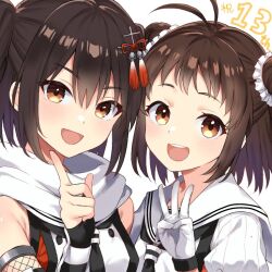 2girls :d anniversary antenna_hair black_gloves black_neckerchief blush brown_eyes brown_hair commentary_request double-parted_bangs double_bun elbow_gloves finger_counting gloves hair_between_eyes hair_bun hair_ornament kantai_collection looking_at_viewer medium_hair multiple_girls naka_(kancolle) naka_kai_ni_(kancolle) neckerchief open_mouth orange_shirt sailor_collar scarf sendai_(kancolle) sendai_kai_ni_(kancolle) shirt short_sleeves siblings sidelocks simple_background sisters smile teeth two-tone_shirt two_side_up upper_body upper_teeth_only white_background white_gloves white_sailor_collar white_scarf white_shirt yuzuttan 