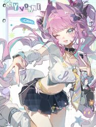  1girl arknights arknights:_endfield bag black_skirt blue_eyes bra breasts cellphone chinese_commentary choker collar commentary_request dragon_girl dragon_horns dragon_tail hair_ornament highres holding holding_phone horns long_hair looking_at_viewer loose_socks midriff multicolored_hair navel necktie one_eye_closed open_mouth panties phone pink_hair pleated_skirt pointy_ears selfie shirt skirt smartphone smile socks solo star_(symbol) tail toki_yuan_yuan twintails underwear v white_shirt yellow_bra yellow_panties yvonne_(arknights) 
