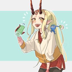 1girl 1other absurdres alternate_costume alternate_hairstyle artist_name black_eyes blonde_hair blue_background blue_pikmin blue_skin blush colored_skin commentary_request creature creature_on_shoulder drink facial_mark fang fate/grand_order fate_(series) fingernails flower forehead_mark game_screenshot_inset highres holding holding_drink horns ibaraki_douji_(fate) jacket long_fingernails long_hair long_sleeves nupy22 on_shoulder oni open_mouth pantyhose pikmin_(creature) pikmin_(series) pikmin_bloom pointy_ears ponytail red_shirt screenshot_inset shirt simple_background smile tape tattoo triangle_mouth two-tone_background white_background white_flower yellow_eyes yellow_jacket 