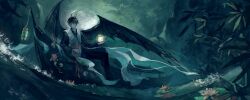  1boy bat_wings black_hair black_shirt canoe collared_shirt commentary demon_horns flower full_body glowing highres holding holding_orb horns kim_dokja lily_pad male_focus night official_alternate_costume omniscient_reader's_viewpoint orb robe rope_belt scenery shirt short_hair solo wafufuish water_lily_flower white_robe wide_shot wings 