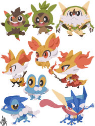  :< absurdres animal_ear_fluff black_eyes braixen bright_pupils chesnaught chespin chibi chibi_only closed_mouth colored_sclera commentary_request delphox fennekin fire froakie frogadier full_body greninja highres holding holding_stick long_tongue open_mouth orange_eyes pink_eyes pokemon pokemon_(creature) pokemon_focus quilladin signature simple_background smile spikes starter_pokemon_trio stick t_tsudaka teeth tongue upper_teeth_only very_long_tongue white_background white_pupils yellow_sclera 