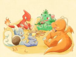  charmeleon claws closed_eyes closed_mouth dragonite fangs fire flame-tipped_tail food full_body happy ivysaur kangaskhan kinakomochi_(kazuna922) leaf mega_kangaskhan open_mouth pokemon pokemon_(creature) red_eyes sitting sweet_potato tail wartortle 