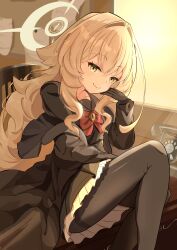  1girl absurdres black_coat black_hat black_pantyhose black_sailor_collar black_serafuku blonde_hair blue_archive bow bowtie coat commentary_request fluffy_hair green_eyes hair_intakes halo hat highres pantyhose professor_niyaniya_(blue_archive) red_bow red_bowtie saihate47 sailor_collar school_uniform serafuku side_ahoge sitting smile solo thighband_pantyhose yellow_halo 