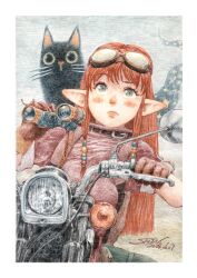  1girl absurdres animal binoculars black_cat border brown_gloves brown_hair cat closed_mouth colored_pencil_(medium) commentary_request dated dr._fabre_(shin_iroenpitsu) gloves goggles goggles_on_head green_eyes hair_ornament highres holding holding_binoculars leaning_to_the_side long_hair motor_vehicle motorcycle on_motorcycle original outdoors pink_shirt pointy_ears raised_eyebrow shin_iroenpitsu shirt short_sleeves sidelocks signature solo traditional_media upper_body white_border 
