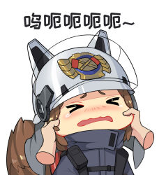  >_< 1girl animal_ears arknights black_jacket blush brown_hair cheek_pinching cheek_pull chibi closed_eyes disembodied_hand helmet jacket nose_blush open_mouth pinching shaw_(arknights) sima_naoteng simple_background solo_focus squirrel_ears squirrel_girl squirrel_tail tail tears translation_request upper_body wavy_mouth white_background 