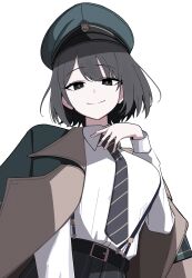  1girl absurdres black_eyes black_hair black_necktie black_pants blue_archive breasts closed_mouth coat coat_on_shoulders collared_shirt commentary_request commission green_coat green_hat hand_on_own_chest hat highres hiromi_(blue_archive) kyurosuku large_breasts looking_at_viewer necktie pants shirt short_hair simple_background skeb_commission smile solo suspender_pants two-sided_coat two-sided_fabric white_background white_shirt 
