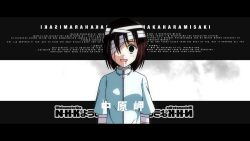  1girl :d arms_at_sides bandage_over_one_eye bandaged_arm bandaged_head bandages black_background black_border blood blood_in_mouth blood_on_face blue_shirt blush bob_cut border breasts brown_eyes brown_hair character_name close-up commentary copyright_name english_text hair_between_eyes hair_over_one_eye injury letterboxed looking_at_viewer mirrored_text nakahara_misaki nhk_ni_youkoso! open_mouth romaji_text shirt short_hair small_breasts smile solo sonikkusupin upper_body white_background wide-eyed zipper_pull_tab 