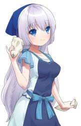  1girl adapted_costume apron blue_apron blue_bow blue_eyes blue_headscarf blue_sleeves blunt_ends blush bow braid breasts closed_mouth colored_eyelashes cowboy_shot dual_wielding eyes_visible_through_hair grey_hair hair_between_eyes hand_up headscarf highres holding holding_pastry_bag large_breasts long_hair looking_at_viewer may_salamanya naruse_shiroha pastry_bag pinky_out shirt short_sleeves sidelocks simple_background single_braid skirt smile solo straight_hair summer_pockets very_long_hair white_background white_shirt white_skirt 