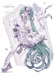  1girl :q absurdres arm_on_knee artist_name asymmetrical_footwear bandaged_arm bandages black_gloves boots bright_pupils broken_mirror colored_eyelashes colored_tongue commentary detached_sleeves dress ear_piercing facial_mark fascinator flower frilled_dress frills gloves gothic_&amp;_horror_hatsune_miku_design_contest green_hair hand_on_own_face hand_up hatsune_miku heart heart_facial_mark highres holding holding_flower horns invisible_floor knee_up layered_dress leg_belt licking_lips mirror nagitofuu petals piercing platform_boots platform_heels pleated_dress puffy_sleeves purple_flower purple_rose purple_tongue red_eyes rose rose_petals short_dress single_detached_sleeve single_glove single_horn single_sleeve sitting solo symbol-shaped_pupils tongue tongue_out torn_bandages twintails untranslatable_commentary vocaloid watermark wavy_hair white_background white_boots white_dress white_eyelashes white_horns white_pupils x-shaped_pupils 