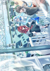  3girls absurdres against_railing ange_katrina ange_katrina_(1st_costume) animal_ears animal_hair_ornament ankle_boots apron balcony black_boots black_coat black_collar black_kimono blue_hair blue_neckerchief blue_sky boots buttons cardigan closed_eyes coat collar colored_inner_hair commentary_request day dog_ears double-breasted flower frilled_apron frilled_skirt frills grey_skirt hair_flower hair_intakes hair_ornament hand_up high-waist_skirt highres inui_toko inui_toko_(1st_costume) japanese_clothes kimono knee_boots lace-up_boots layered_skirt lize_helesta lize_helesta_(1st_costume) long_hair long_skirt long_sleeves looking_at_another low_twintails maid_headdress medium_hair medium_skirt mountainous_horizon multicolored_hair multiple_girls neckerchief nijisanji off_shoulder open_mouth pleated_skirt railing red_cardigan red_hair red_skirt sanbaka_(nijisanji) shinose_toki shirt shrug_(clothing) skirt sky smile standing town twintails two-tone_hair very_long_hair violet_eyes virtual_youtuber waist_apron watermark white_apron white_boots white_hair white_shirt white_shrug white_skirt 