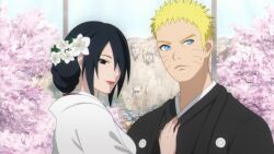 1boy 1girl black_eyes black_hair black_kimono blonde_hair blue_eyes cherry_blossoms cubur facial_mark flower from_side frown genderswap genderswap_(mtf) hair_bun hair_flower hair_ornament hair_over_one_eye half-closed_eye hand_on_another's_chest highres japanese_clothes kimono light_smile lipstick looking_to_the_side makeup mountain naruto_(series) naruto_shippuuden raised_eyebrow red_lips shiromuku short_hair sidelocks single_hair_bun spiky_hair uchiha_sasuke uchikake uzumaki_naruto village whisker_markings white_flower window 