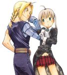  ahoge arakawa_hiromu blonde_hair chain company_connection crossover edward_elric full_metal_alchemist fullmetal_alchemist green_eyes highres maka_albarn necktie official_art ohkubo_atsushi okubo_atsushi plaid plaid_skirt short_hair skirt smile soul_eater twintails yellow_eyes 